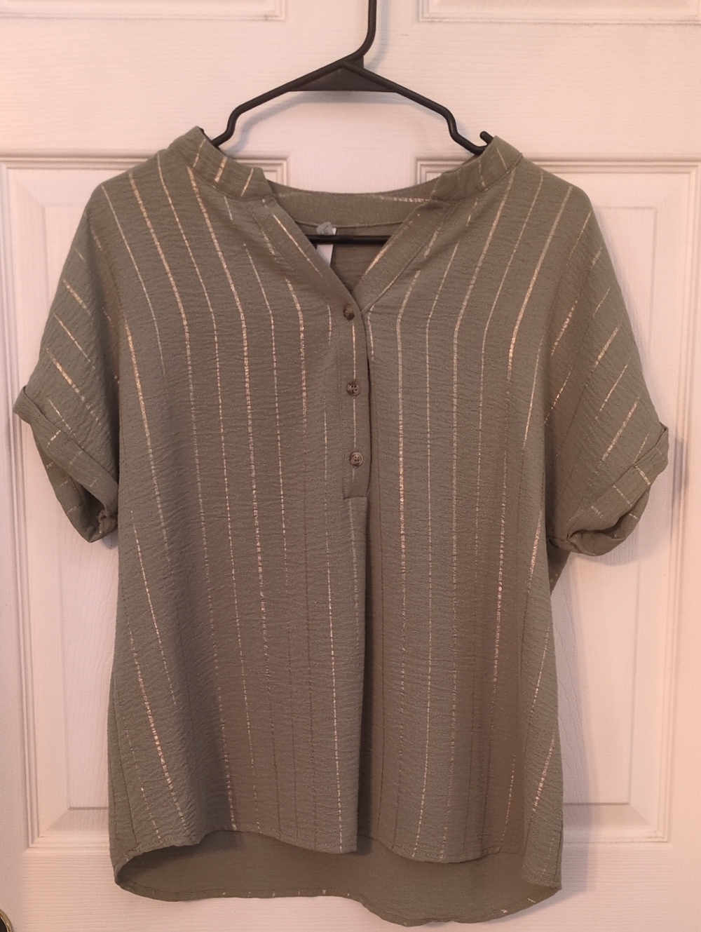 NY Collection Olive Green Short Sleeve V-Neck Blouse with Metallic Stripes